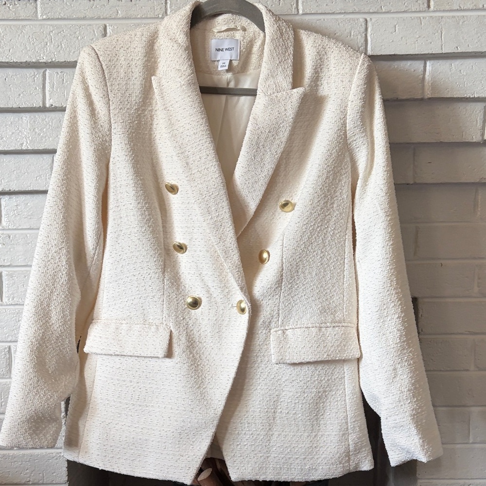 Nine West Cream Bouclé Double-Breasted Blazer with Gold Buttons